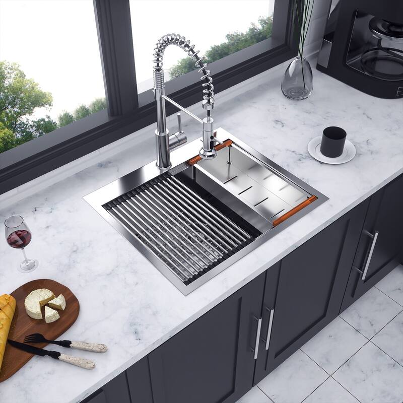 Drop-in Single Bowl Stainless Steel Kitchen Sink with Workstation