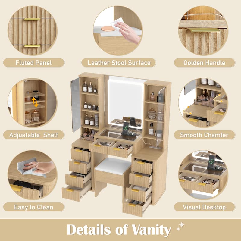 Roomfitters 43.5" Makeup Vanity with LED Lighted Mirror, Fluted Ribbed Drawers, Charging Station, 9 Drawers and Stool, Oak