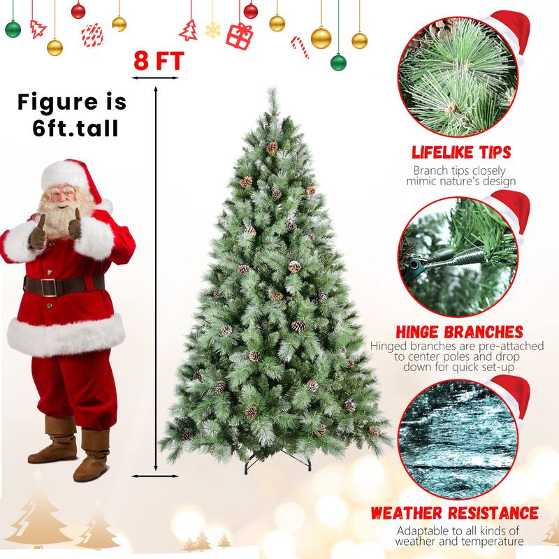Artificial Christmas Tree - PVC & Hard Needle Branches, Pine Cones, Hinged Structure, Metal Stand - Green