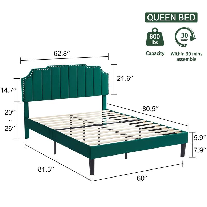 VECELO Upholstered Bed Frame with Nailhead Trim Adjustable Height Headboard, Twin/Full/Queen Size Bedframes