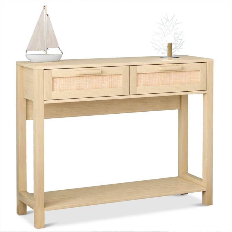 39.4" Rattan Console Table with 2 Drawers Entryway Table