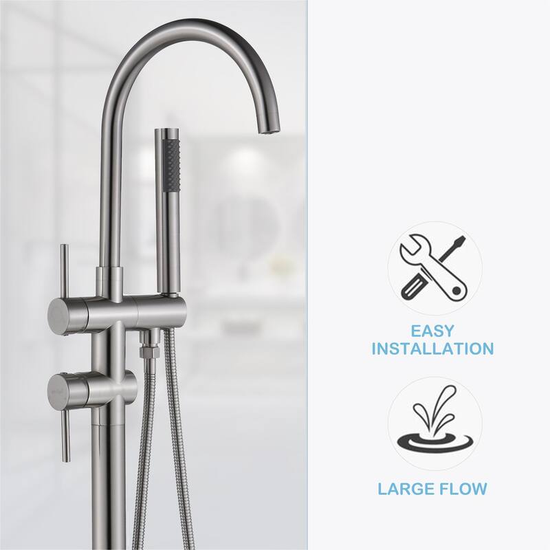 Modern 2-Handle Floor Mounted Freestanding Tub Filler with Handheld Showerhead in Black and Silver