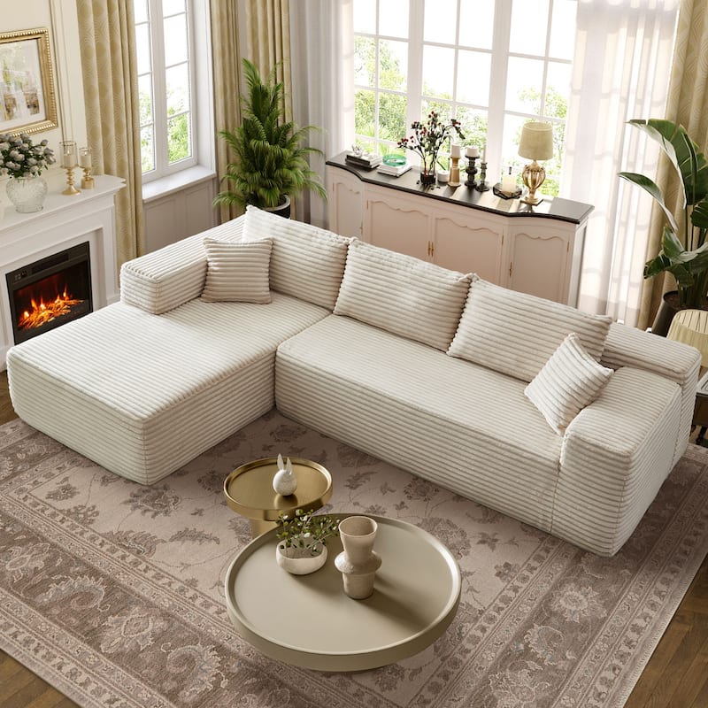 OVIOS Long Plush No Assembly Required Chaise Sofa - Beige-Left Chaise