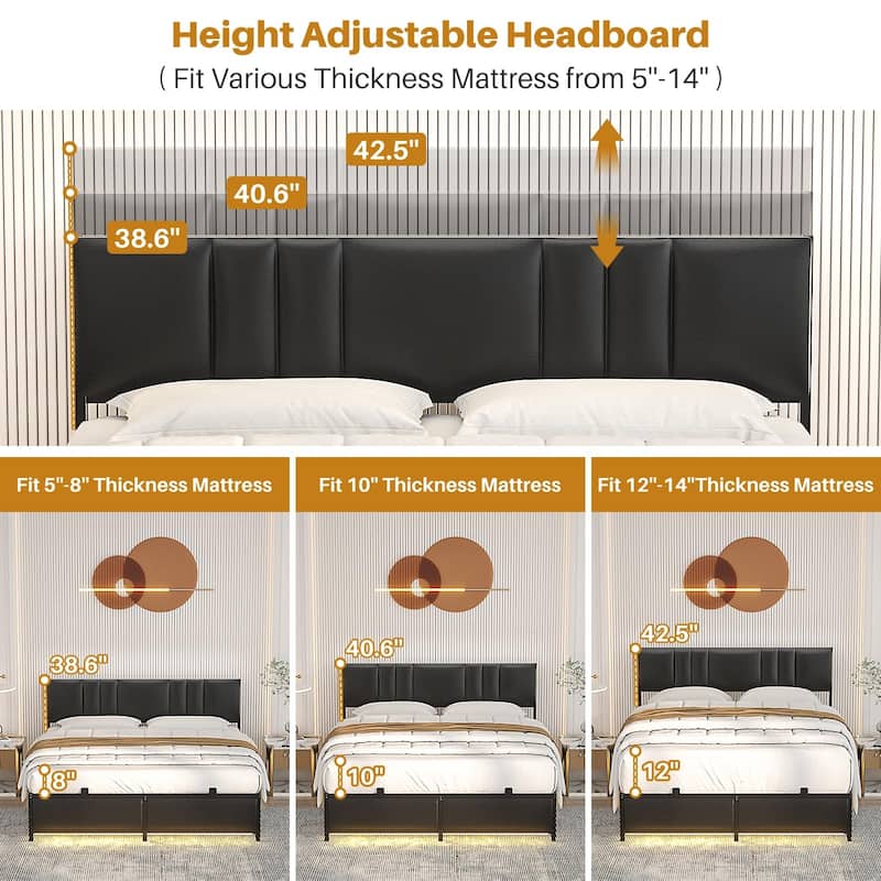 Platform Bed Frame with Ajustable Upholstered Headboard, Bed with USB Port and Charge Station