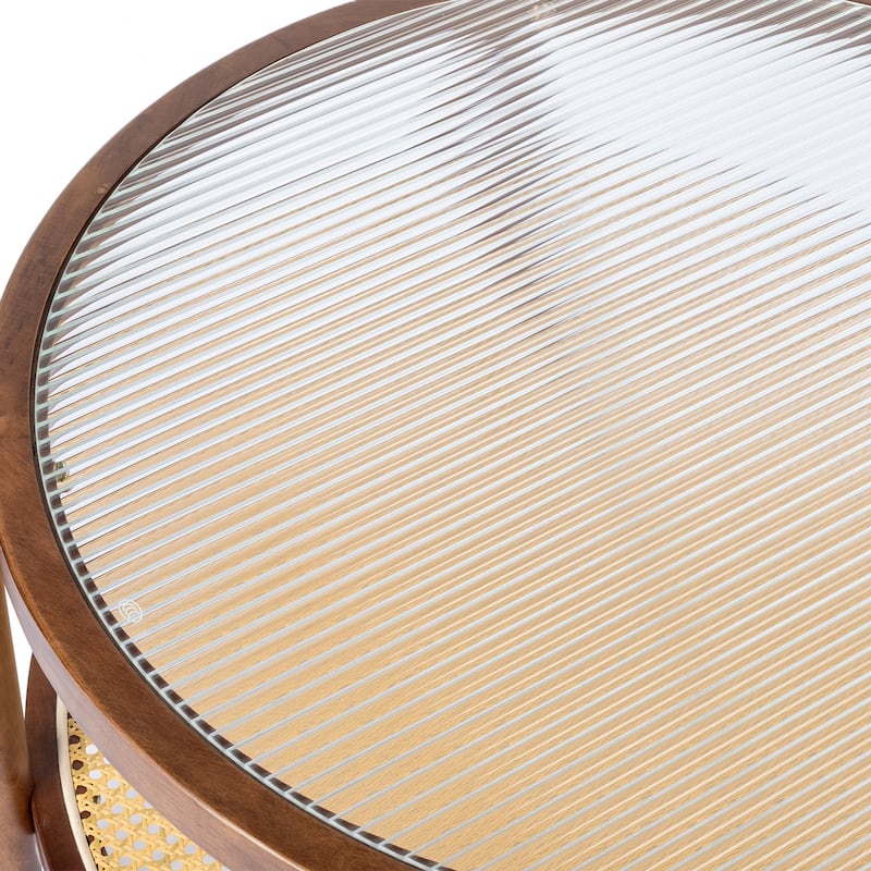 31.5in Rattan Coffee Table with Tempered Glass Top and Hand-Woven Shelf for Indoor Outdoor - 31.5” x 31.5” x 17.3”