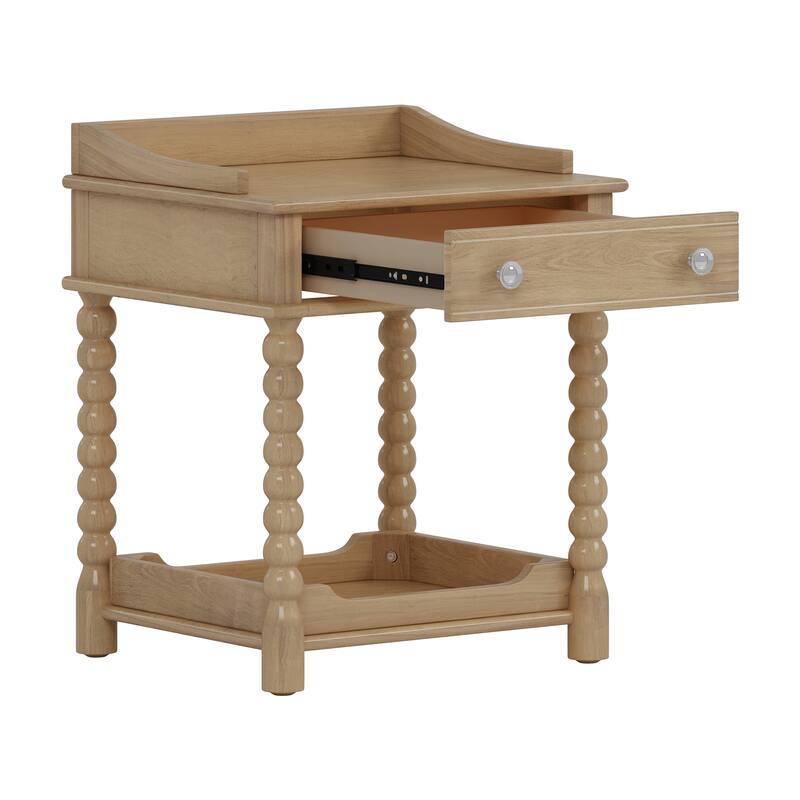 Retro Style Nightstand with Drawer & Open Shelf - Turned Legs Bedside Table with Metal Handle (Natural)