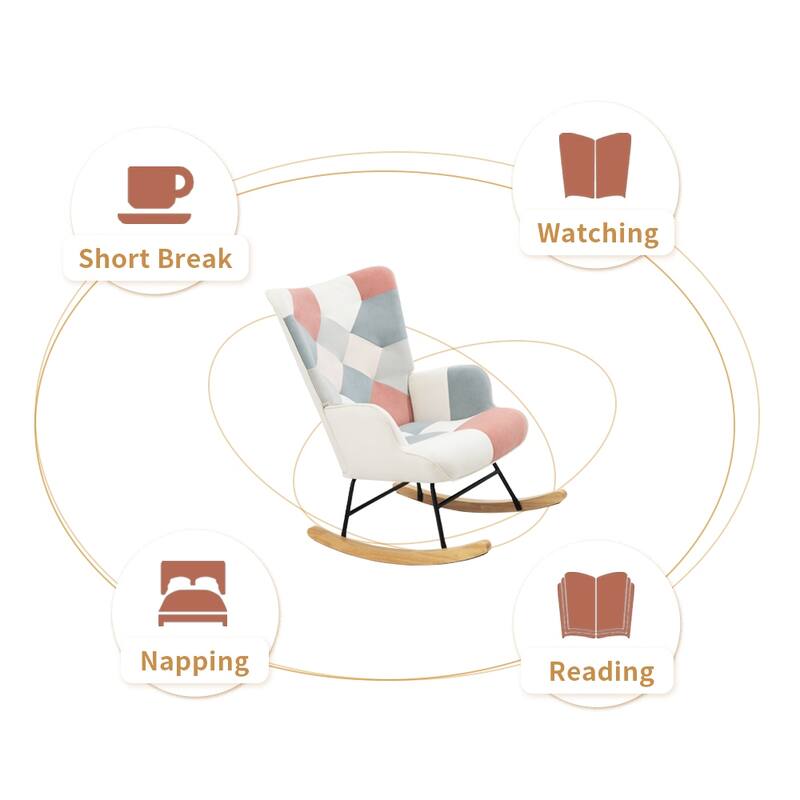 Fabric Rocking Chair with Wood Legs, High Back Lounge Chair with Armrest, Glider Chairs with Thick Padded Seat