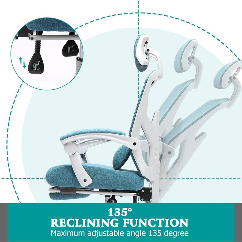 Home Office Desk Chair with Footrest, High-Back Mesh Reclining Chairs with Headrest for Home, Office, Gaming, Student