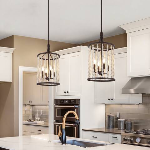 Farmhouse Beaded Chandelier 4-light Cylinder Pendants Rusty Iron Traditional Hanging Lights - D 12.6" x H 30"