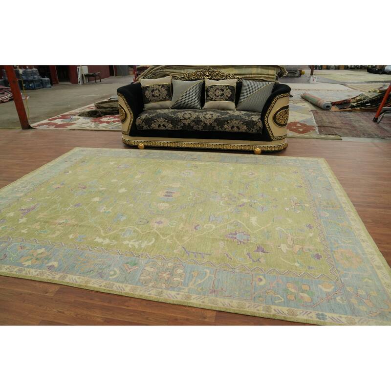 Vegetable Dye Green Oushak Turkish Area Rug, Floral Geometric Carpet - 12' 1'' X 9' 0''