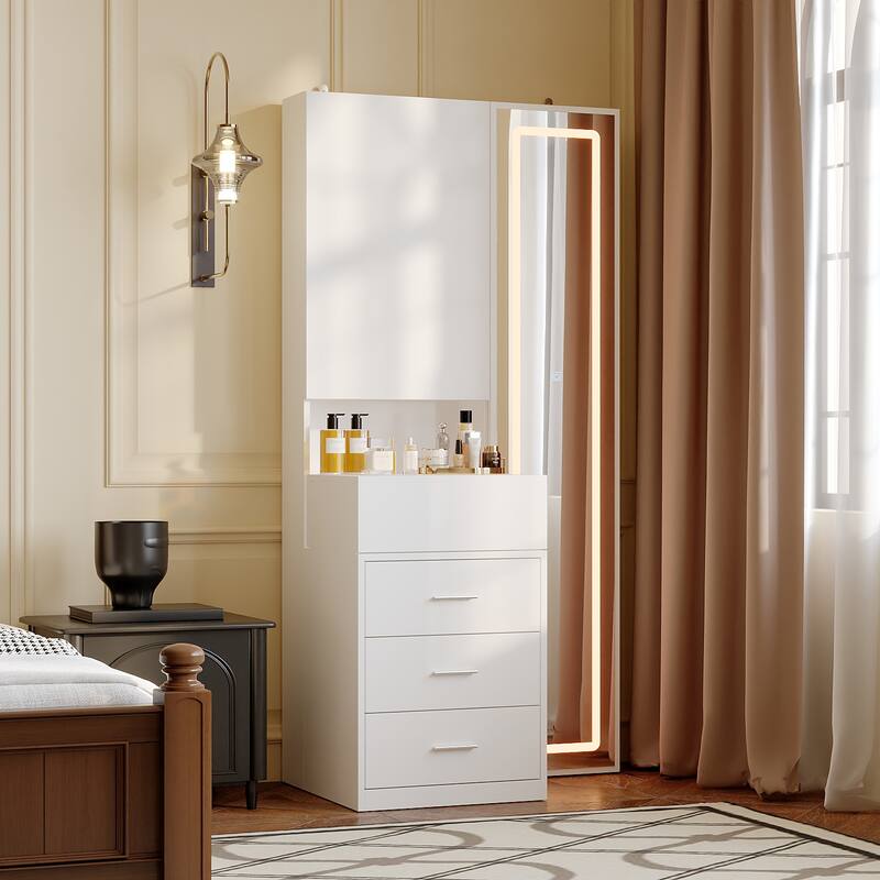 LED Full Length Mirror Jewelry Cabinet with 3 Drawers & Sliding Storage, Lighted Vanity Storage Dresser