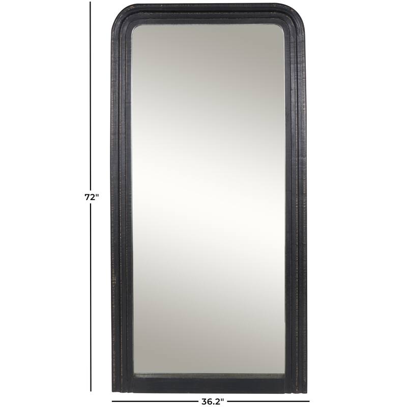 Black Mango Wood Distressed Room Floor Mirror with Carved Grooves