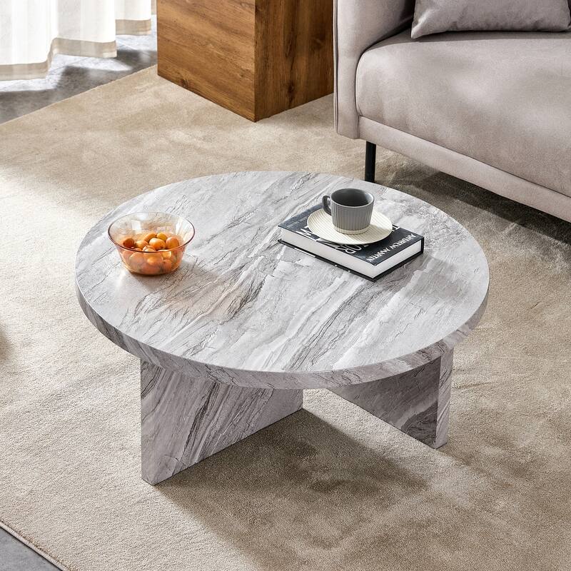 A white MDF material circular patterned coffee table, a 31.4-inch white center table, modern coffee table