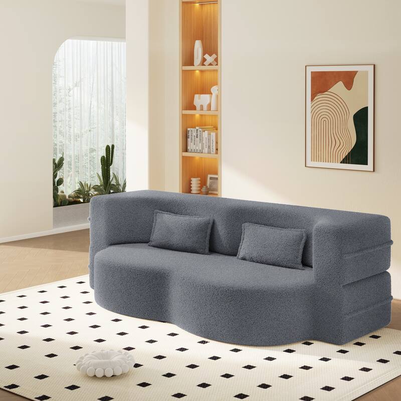 Modern Floor Sofa with 2 Pillows,Convertible Teddy Fabric Foam-Filled Sleeper Sofa Bed