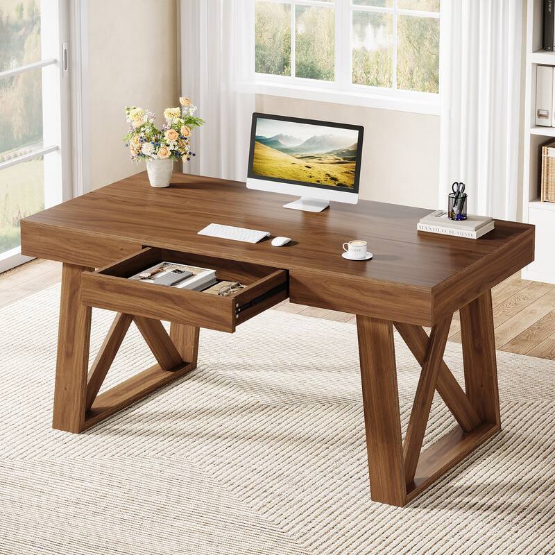 Wide Desktop Executive Desk with Drawer - Brown