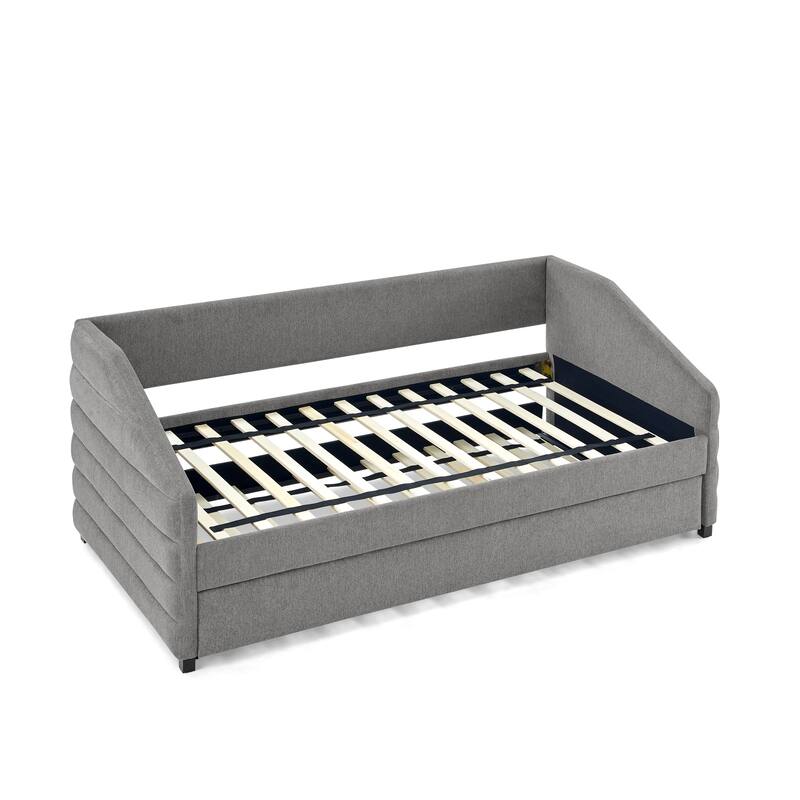 Twin/Full Size Upholstered Daybed with Twin Size Trundle, Linen Fabric Tufted Sofa Bed Daybed Frame with Wood Slats Support