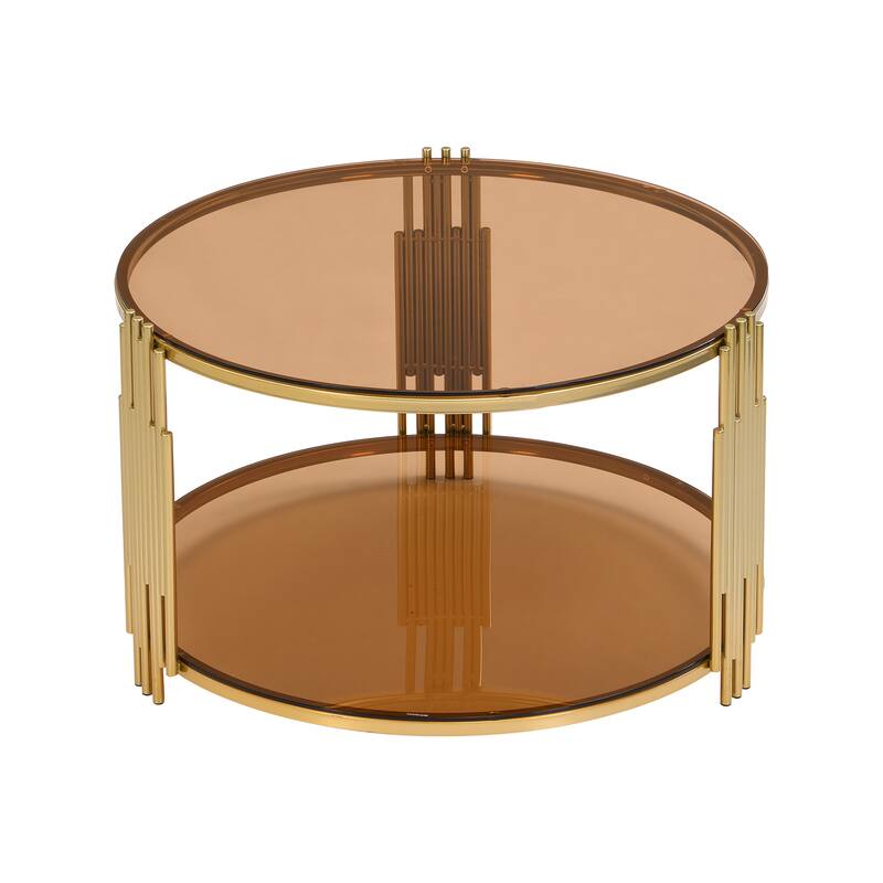 Modern Mirror Coffee Table, Asymmetrical Metal, Circular Metal Drum Base, Gold Finish & Lower Shelf