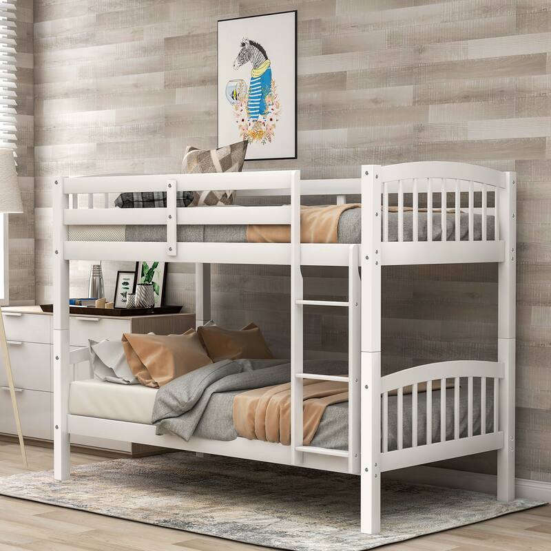 Twin Over Twin Bunk Bed with Ladder & Guardrail, Solid Wood Bedframe