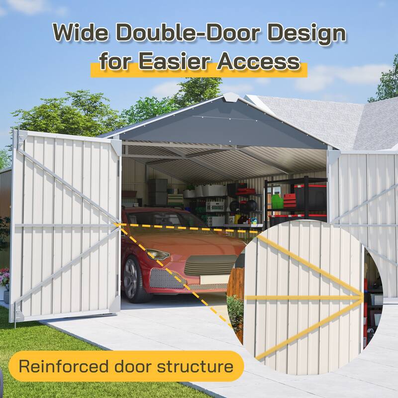 GDFStudio - Cassandra Large Outdoor Metal Storage Shed with Lockable Doors for Secure Vehicle and Equipment Storage