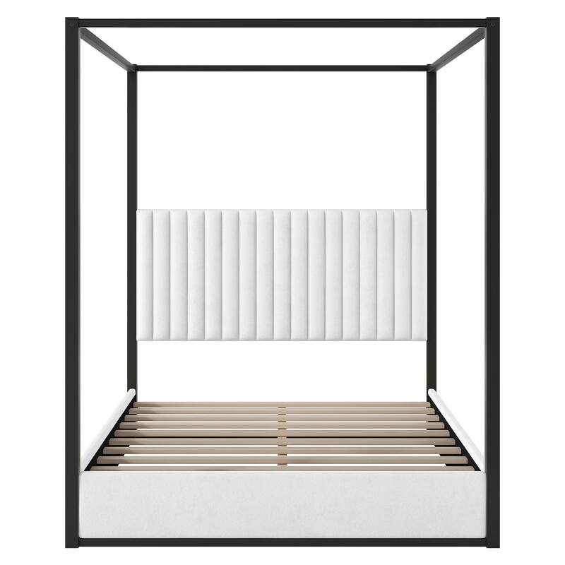 Roomfitters Queen Canopy Platform Bed with Velvet Upholstered Headboard, Metal Frame, White