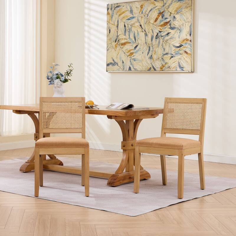 Farmhouse Rattan Dining Chairs Set of 2, Cane Upholstered Kitchen Side Chair with Natural Hardwood Frame