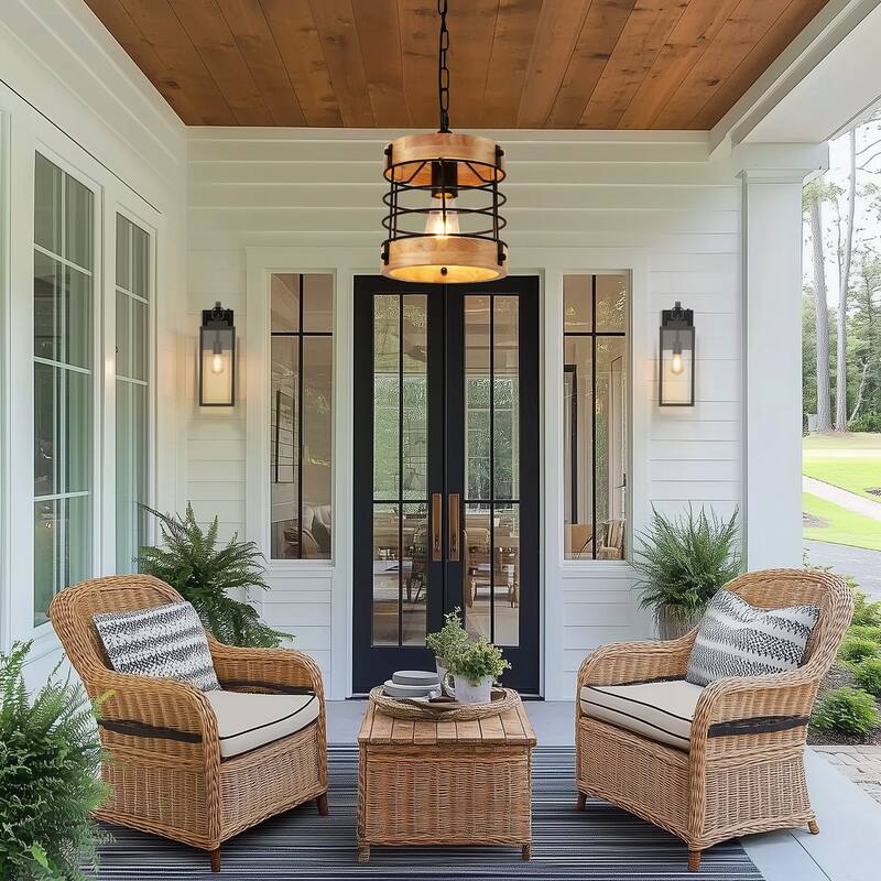 YANSUN 2-Pack 1-Light Light Wood Drum Pendant Lights with E26 Base, Natural Wood Frame for Warm Interiors
