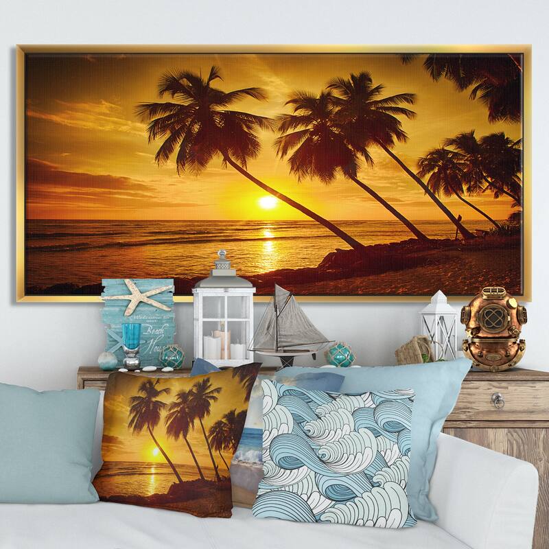 Designart "Beach Sunset in Island Barbados" Modern Seascape Framed Canvas Artwork Print - 60 in. wide x 28 in. high - Gold