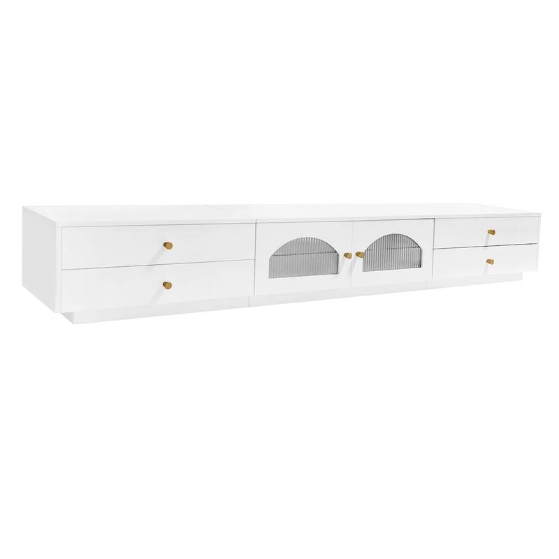 Modern Luxurious TV Stand, for TVs Up to 95'' with Fluted Glass Doors 2 Drawers and Tempered Glass Shelf, for Living Room, White