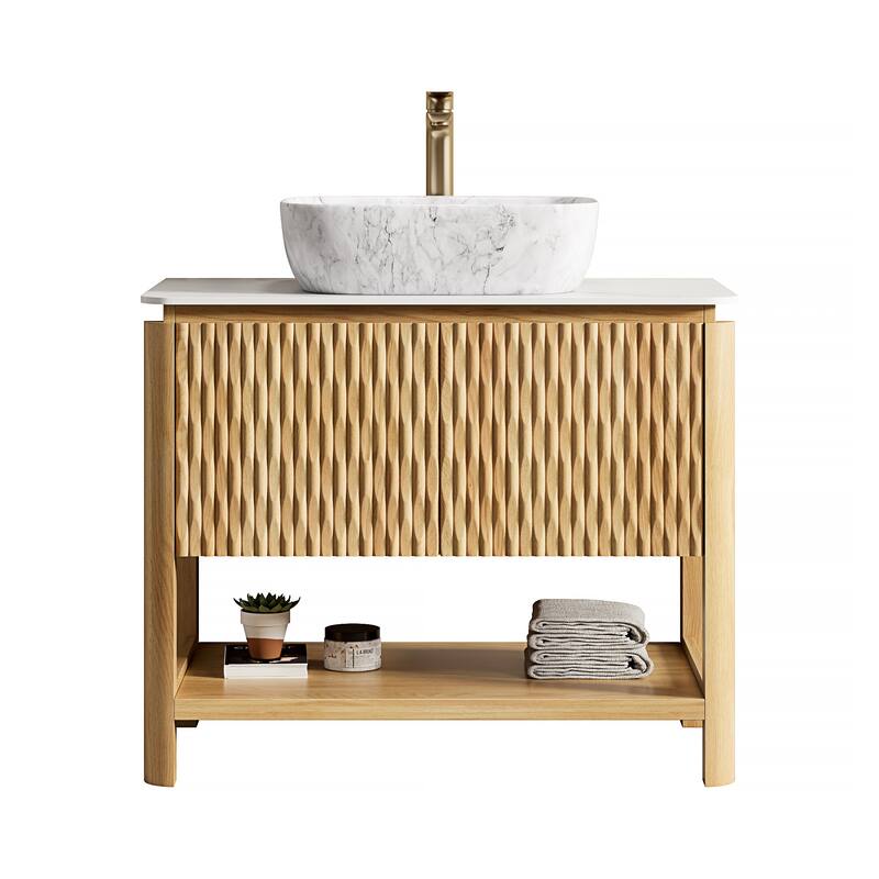 36" Bathroom Vanity with Stone Top & Ceramic Basin, 2-Door Plywood Cabinet in Woodgrain