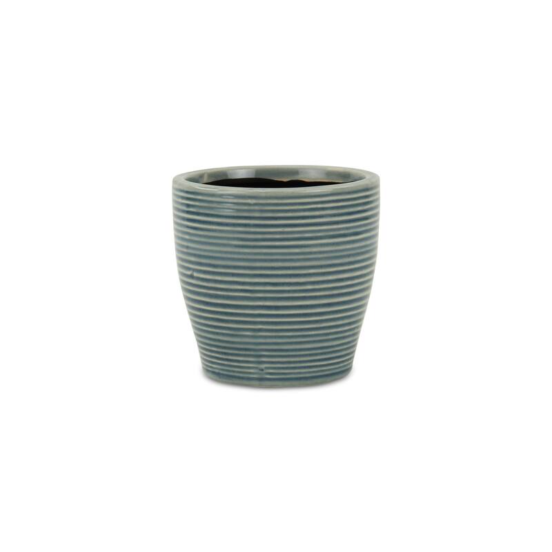 HomeRoots Blue Ceramic 22 Ounce Striped Round Distressed Pot Planter - 4.25 in. x 4.25 in. x 4.25 in.