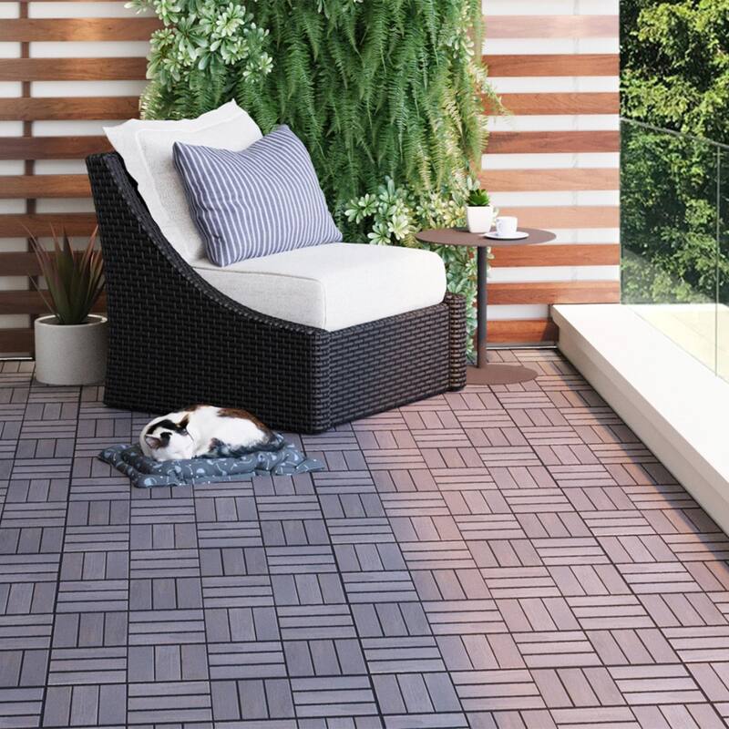 Interlocking Deck Tiles Checker Pattern, 12" x 12" Square Acacia Hardwood Outdoor Flooring