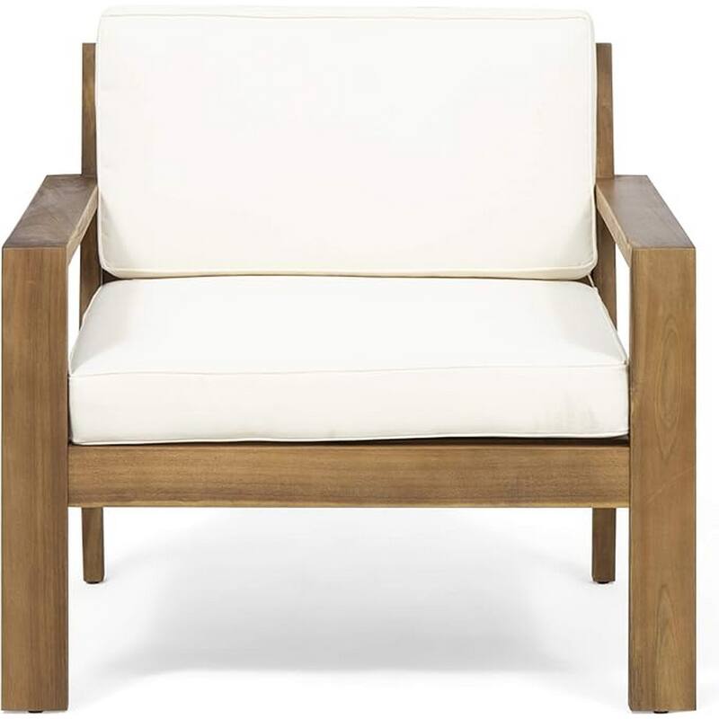 Outdoor Accent Chair, Slat Panel, Wire Brush Acacia Wood, Ivory Fabric