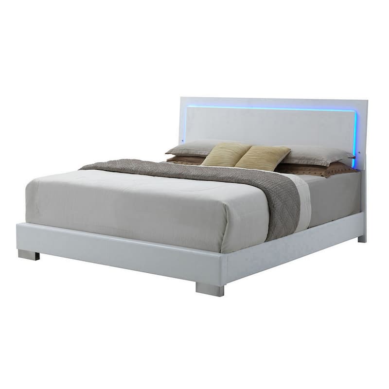 Sok King Panel Bed with LED Headboard, Low Profile Footboard, Glossy White