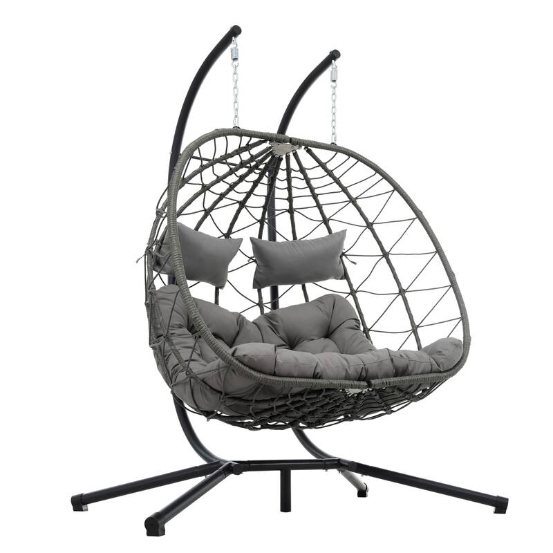 Steel Frame 2-Person Egg Chair with Stand and Outdoor Wicker Hanging Swing for Patio/Balcony