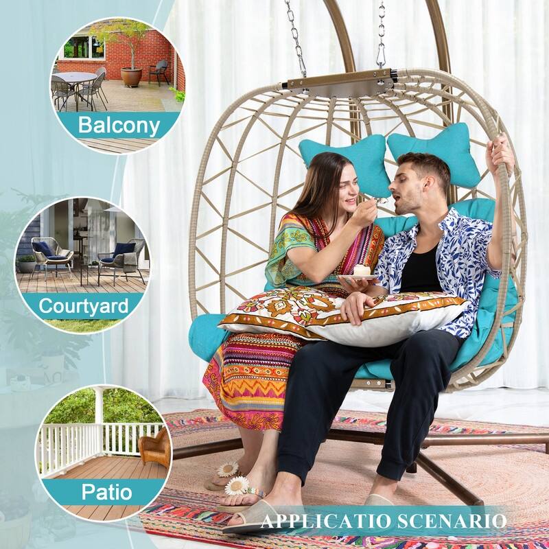 Oversized Outdoor Double Egg Hanging Chair with Cushions, 700 lbs Capacity Swing Chair for Indoor or Patio