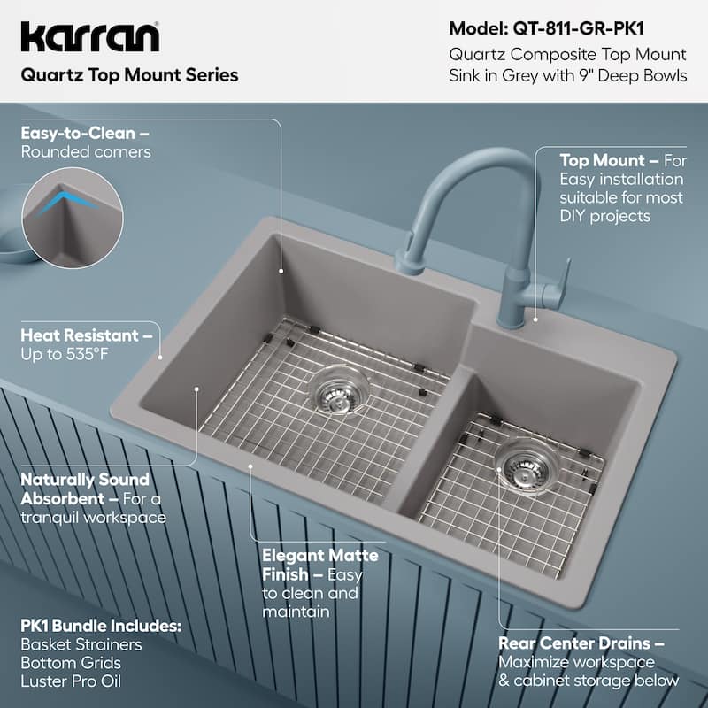 Karran 33" Top Mount Large/Small Bowl Quartz Kitchen Sink Kit - 33" x 22" x 9"