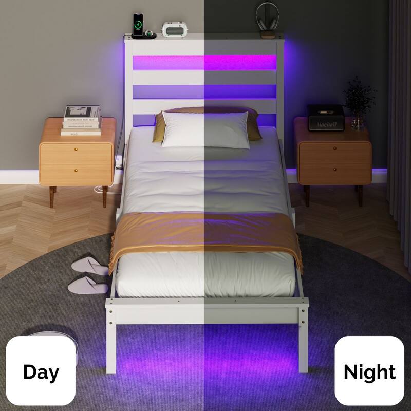 Twin Wood Bed Frame with Charging Station, Lighted Platform Bed, White