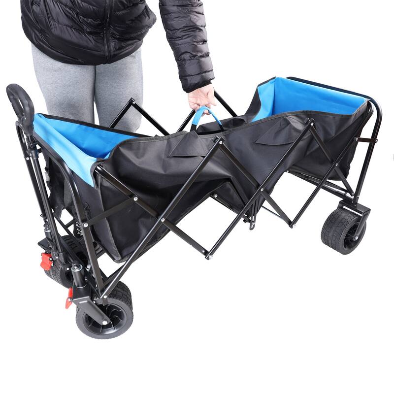 Big Large Capacity Folding Cart Extra Long Extender Wagon Cart Folding Wagon Garden Shopping Beach Cart (Black + Blue)
