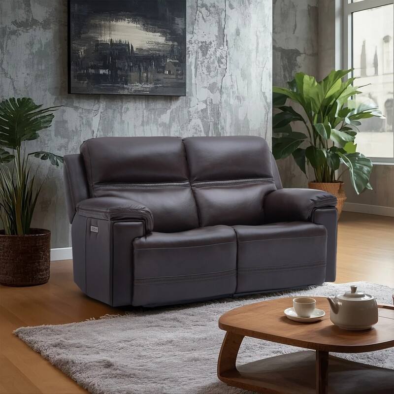 Genuine Leather Dual Power Reclining Loveseat with Zero Gravity, Adjustable Headrest, USB/Type-C & Cross-stitching Detail - DarkBrown