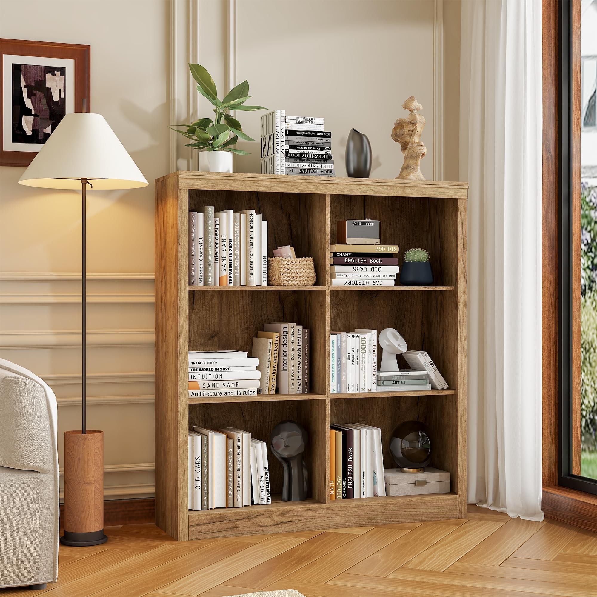 Open Shelf Low Bookcase, 6 Cube Wood Storage Organizer, 3-Tier Floor Standing Display Cabinet Organizer