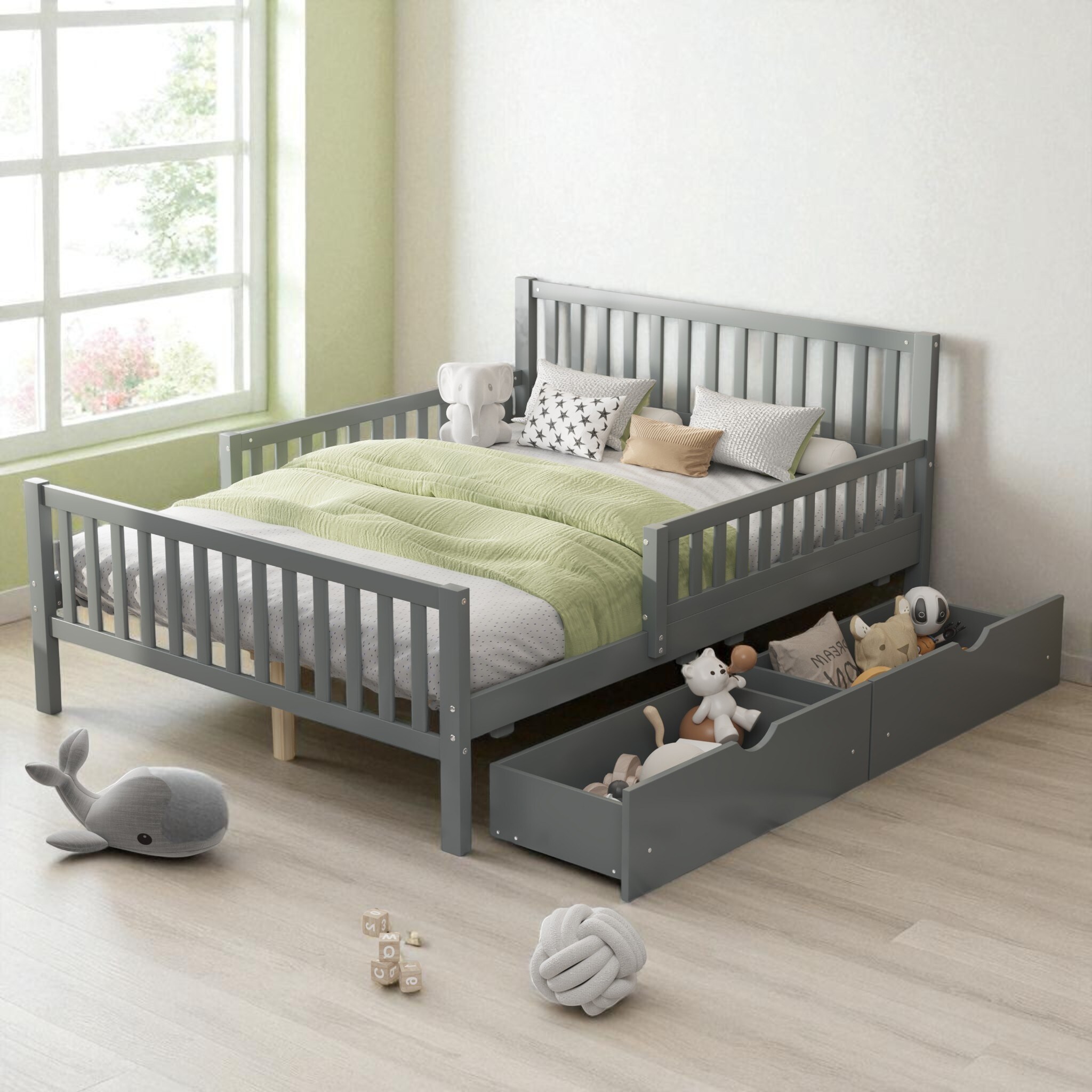 Full/Twin Size Wooden Platform Bed with Guardrails and 2 Storage Drawers, Solid Pine Frame with Headboard and Footboard