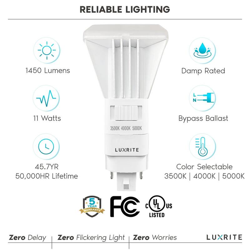 Luxrite Vertical PL LED CFL Replacement 11W Ballast Bypass Fits G24D G24Q GX24Q 3 Color Selectable 1450 Lumens 6 Pack
