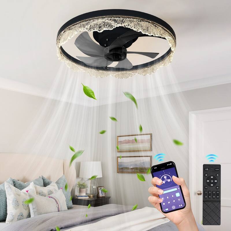 Crystal Flush Mount Ceiling Fan With Light And Remote, Black Ceiling Fan For Bedroom, Living Room - 20 Inches