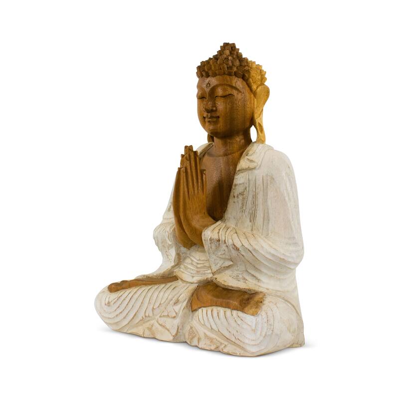 Wood Buddha Statue Hand Carved Whitewashed Anjali Mudra Sculpture, Namaste Zen Decor - 16" tall x 12" wide x 7" deep