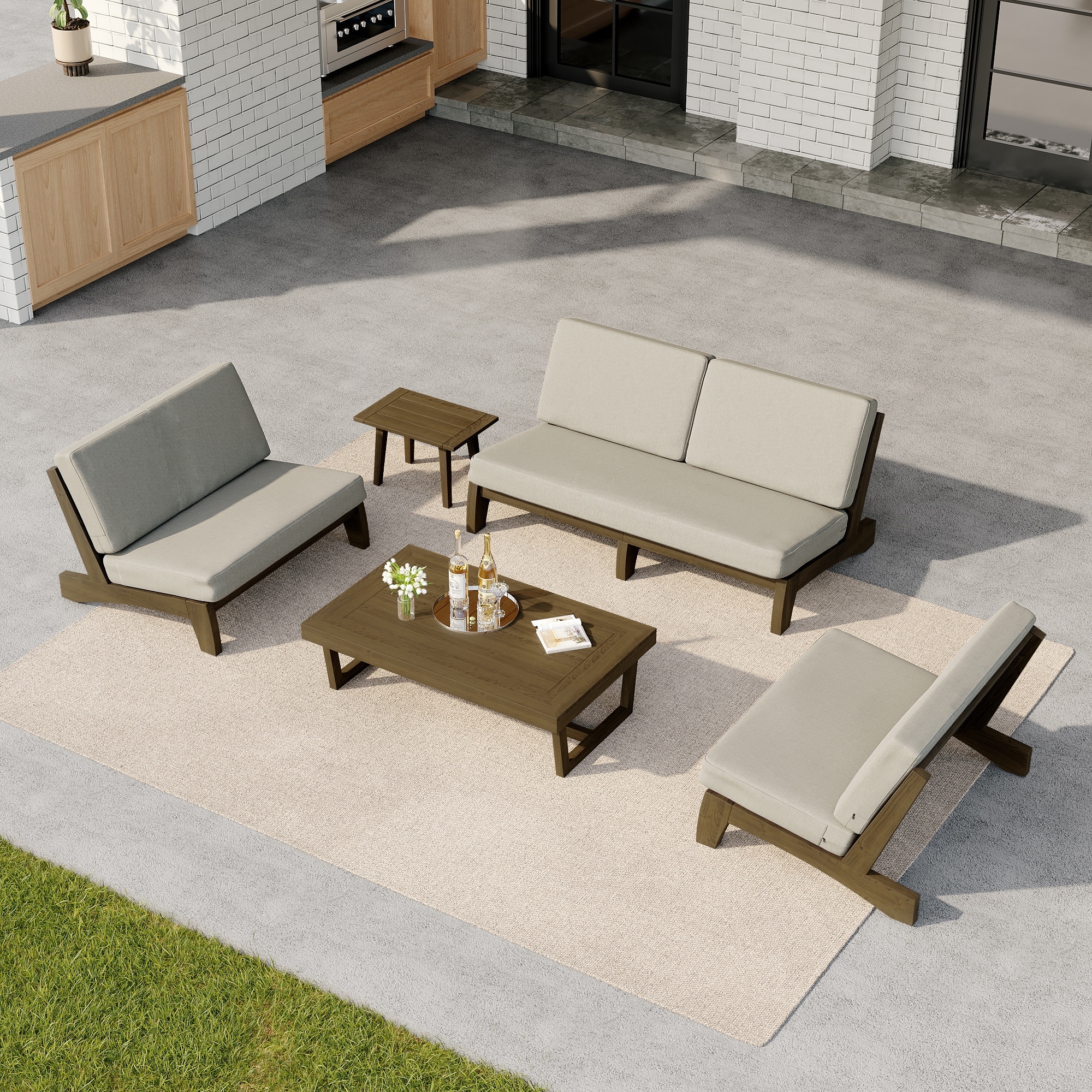 5-Piece Outdoor Teak Wood Loveseat Sofa Table Patio Set with Cushion