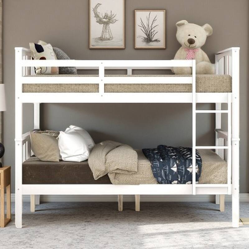 Full over Full Solid Wood Loft-Style Bunk Bed with Ladder, Convertible into Two Beds, Solid Wood Frame for Kids' Bedrooms - White