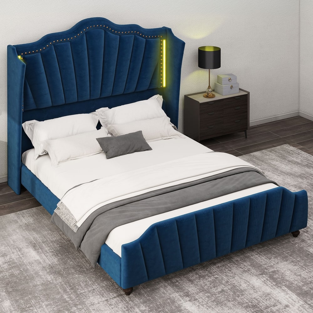 Moasis Queen Size Velvet Upholstered Platform Bed Frame with Wingback Headboard & LED Light
