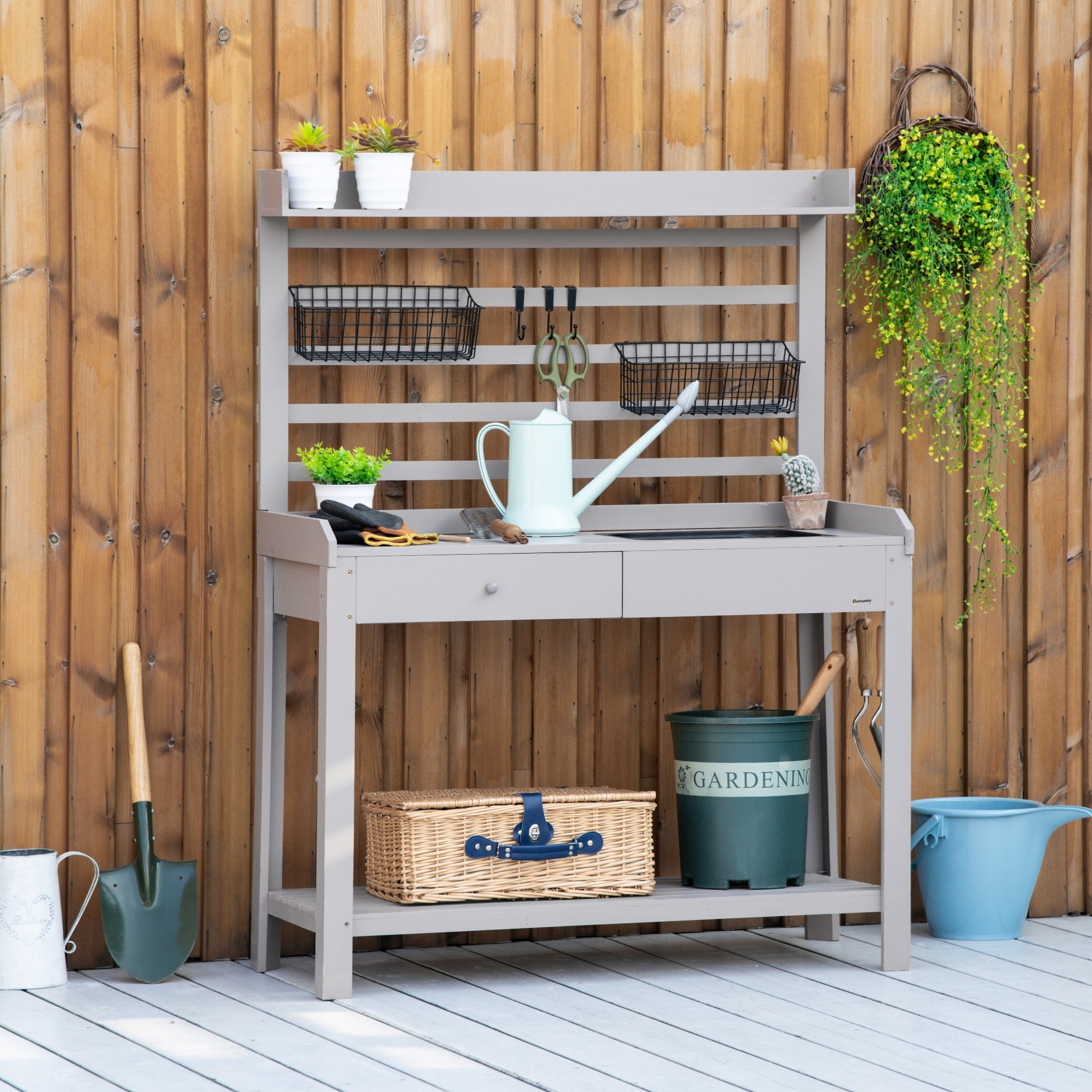 Outsunny Potting Bench for Outside with Storage Potting Table Outdoor Workstation with Hooks and Baskets