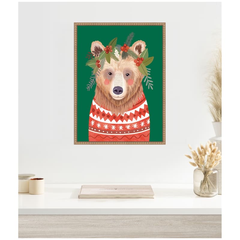 Kate and Laurel Sylvie Beaded Christmas Bear Framed Canvas by Mia Charro