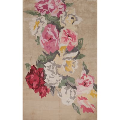 Floral Abstract Indian Area Rug Handmade Wool & Silk Carpet - 6'7"x 9'10"